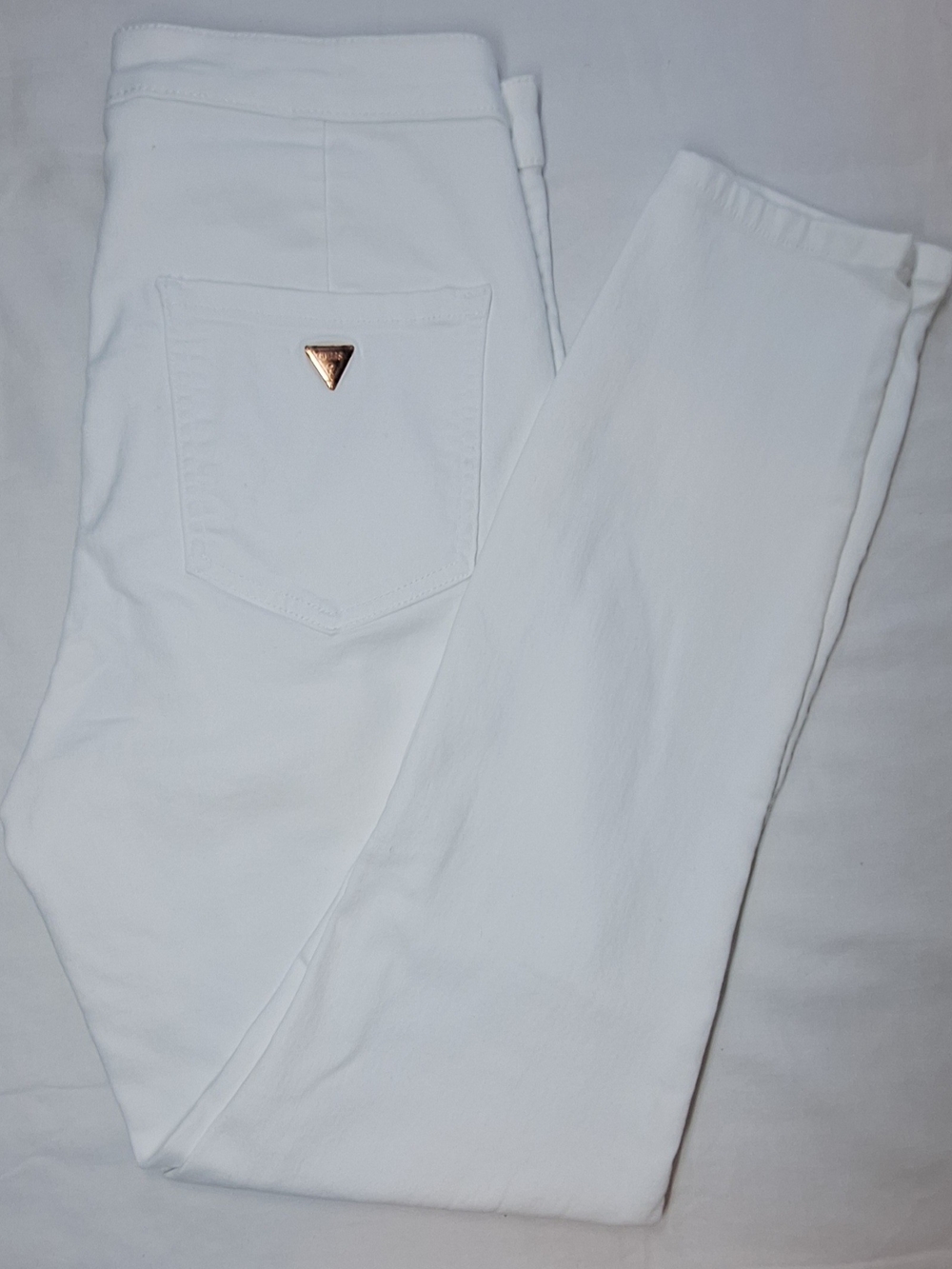 GUESS White High Rise Skinny Jeans Ankle Length Rose Gold Logo Waist 33"